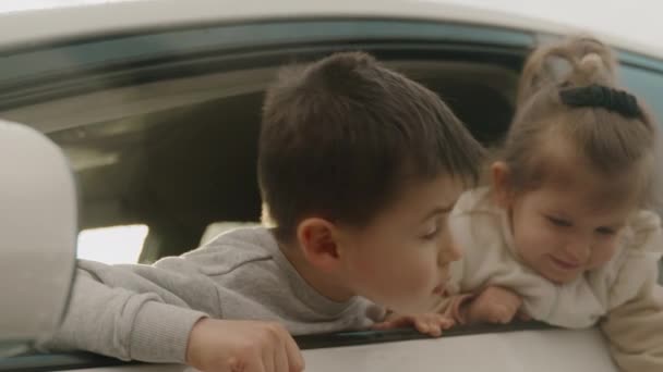Двое Маленьких Улыбающихся Детишек Выглядывающих Окна Машины Беззаботное Детство Летние — стоковое видео