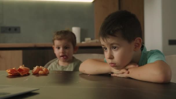 Los Niños Sentados Mesa Cocina Usando Ordenador Portátil Viendo Dibujos — Vídeos de Stock