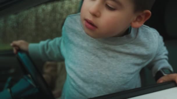 道路を見下ろす車の窓の外に彼の頭を突き出す面白い少年 道路交通の概念 — ストック動画