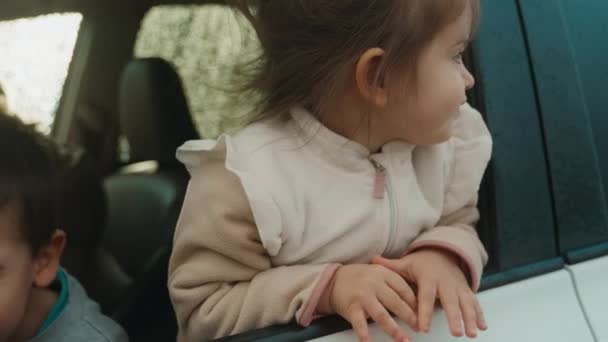 Двое Счастливых Детей Высовывают Головы Окна Машины Смотрят Пейзаж Путешествие — стоковое видео