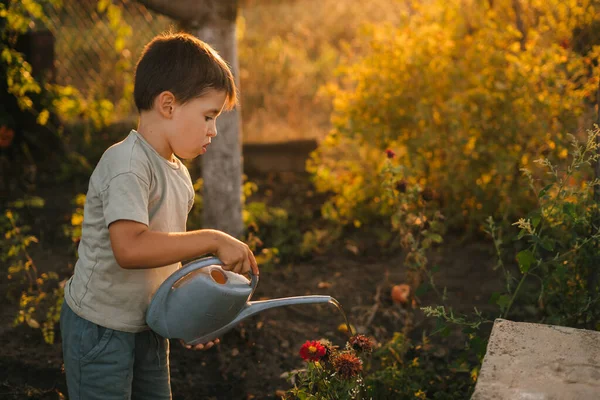 Menino Segurando Regador Regando Flores Jardim Dia Ensolarado Jardinagem Pequena — Fotografia de Stock