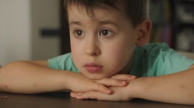 Yoğunlaşmış kahverengi gözlü çocuk ekrana bakıyor televizyon, çizgi film ya da video izliyor. Dikkat! Eğitim konsepti. Yaşam tarzı kavramı.