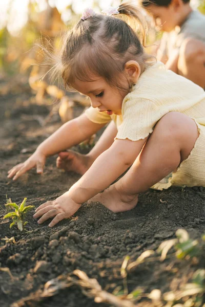 Küçük Beyaz Bir Kız Çocuğu Parlak Bir Bahar Gününde Yerde — Stok fotoğraf