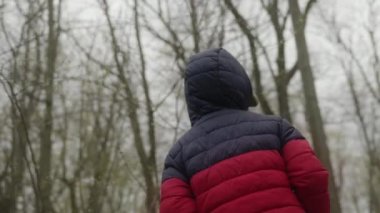 Düşünceli küçük çocuk sonbahar ormanının muhteşem manzarasına hayran, Golden Park 'ta aktif bir aile hayatı sürüyor. Aile hafta sonu, yaşam tarzı. Sağlıklı etkin