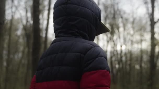 Nierozpoznawalny Chłopiec Przechadzający Się Pięknych Jesiennych Zaroślach Deszczu Jesienią Dzikie — Wideo stockowe