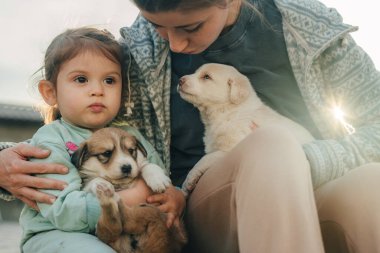 Mutlu bir kız ve annesinin gün batımında küçük sevimli bir köpek yavrusunu kucaklamasının portresi. Çocuk için en iyi arkadaş, evcil hayvan konsepti olan aile..