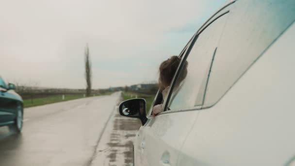 Biała Dziewczynka Bratem Siedzącym Samochodzie Patrzącym Przez Okno Podróże Wakacje — Wideo stockowe