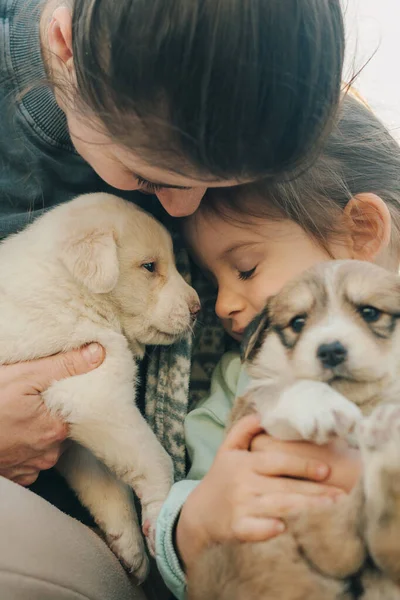 Close Beautiful Happy Young Mother Her Children Kid Caressing Puppies — Stock Photo, Image
