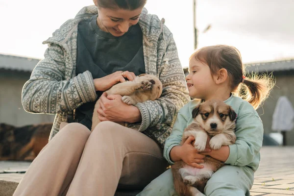 Joyeux Jeune Maman Caucasienne Petite Fille Jouant Avec Animal Domestique — Photo
