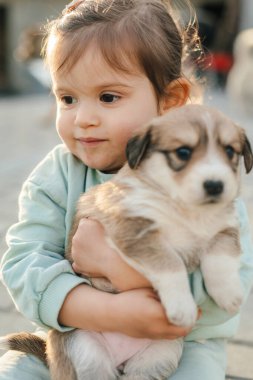 Gündelik giysiler içinde küçük şirin bir kız sokakta otururken sevimli bir köpek yavrusunu kucaklıyor.