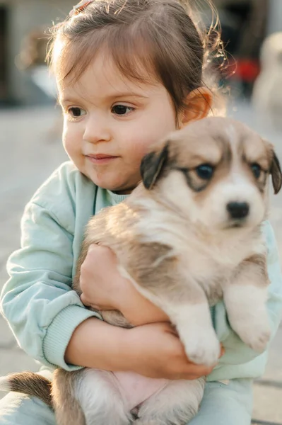 Cute Little Girl Casual Ubrania Obejmujące Cute Puppy Siedząc Ulicy — Zdjęcie stockowe