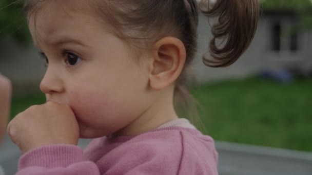 Seitenansicht Eines Niedlichen Kleinen Mädchens Lässiger Kleidung Das Hause Kirschen — Stockvideo