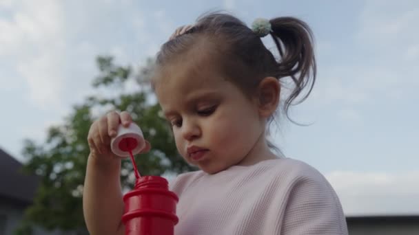 一个漂亮的小女孩在花园里玩肥皂泡的画像 高质量的4K镜头 — 图库视频影像