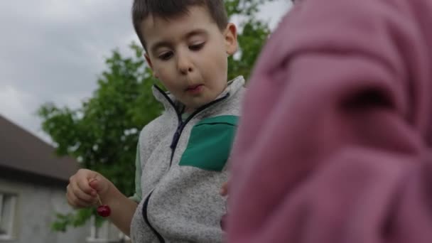 Kind Isst Kirschen Mit Seiner Schwester Draußen Vor Ihrem Haus — Stockvideo