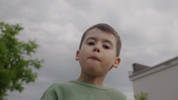 Πορτρέτο Ενός Χαριτωμένου Αγοριού Που Τρώει Κεράσια Στον Κήπο Υψηλής — Αρχείο Βίντεο