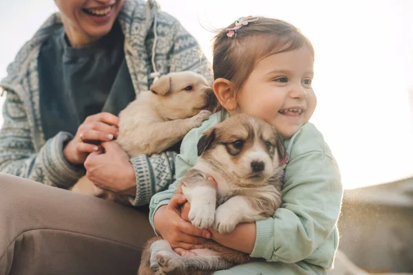 Милая Маленькая Девочка Повседневной Одежде Обнимает Очаровательную Собаку Сидя Снаружи — стоковое фото