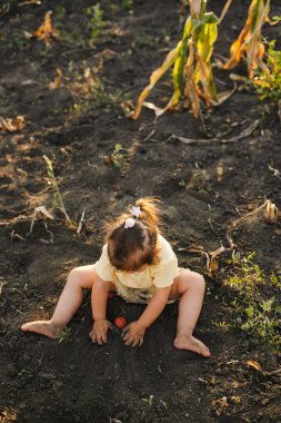 Sonbahar parkında yerde oturan sıradan elbiseli, tanınmayan küçük bir kız manzarası.