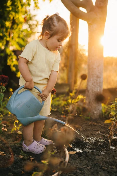 Gün Batımına Karşı Büyükannenin Bahçesinde Sulanan Tatlı Küçük Kız — Stok fotoğraf