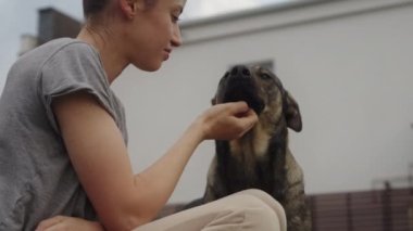 Dışarıda köpeğini seven ve kucaklayan sevimli bir kadın. Yüksek kalite 4k görüntü