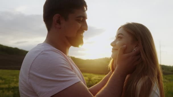 Beautiful Young Couple Embracing Face Face Sunset Nature Kissing High — Stock Video