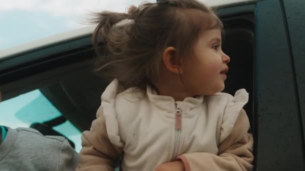Lindos Niños Sonrientes Satisfechos Sacando Cabeza Por Ventana Del Auto — Vídeos de Stock