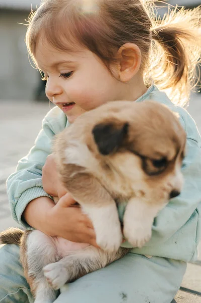 Ένα Κοριτσάκι Κρατάει Ένα Κουτάβι Στην Αγκαλιά Της Ενώ Χαμογελάει — Φωτογραφία Αρχείου