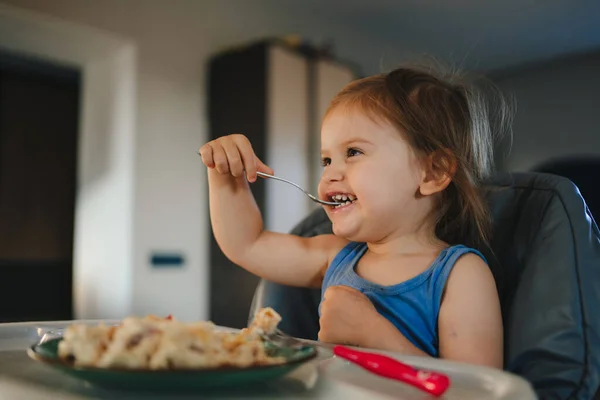 Няня Сидящая Детском Кресле Поедающая Детскую Еду Здоровое Питание Завтрак — стоковое фото