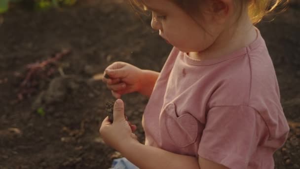 Маленькая Белая Девочка Испачканным Лицом Смотрит Вдаль Держа Руке Кусок — стоковое видео