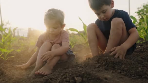 Dvě Roztomilé Děti Sedící Zemi Zahradě Zakrývající Nohy Hlínou Světový — Stock video