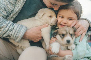 Anne ve küçük kız arkadaş canlısı bir köpek yavrusuyla oturuyor, eğleniyor, oyun oynuyor, evin bahçesinde oturuyor. Hayvan bakımı, hayvan hayatı.