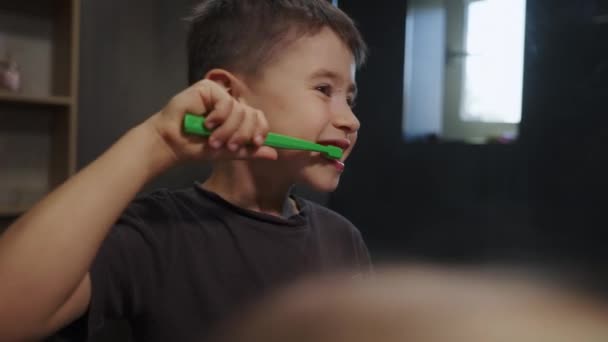 소년은 칫솔로 치아를 프레임을 바라보고 있습니다 캐리어의 어린이의 — 비디오