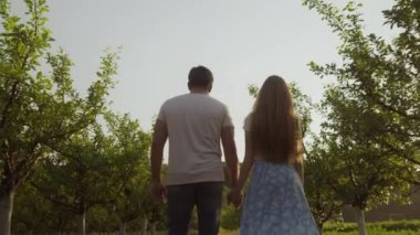 Yazın elma bahçesinde el ele tutuşan romantik bir çiftin arka görüntüsü. Birlikte tatil kavramı..