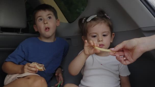 Gyerekek Testvérek Esznek Valamit Egy Kocsi Csomagtartójában Ülnek Készen Áll — Stock videók