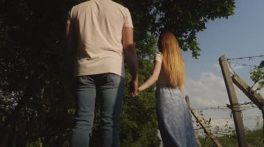 Meadow 'da el ele duran genç bir çiftin arka görüntüsü. Erkek ve kadın kırsalda çimlerin üzerinde yürüyorlar..