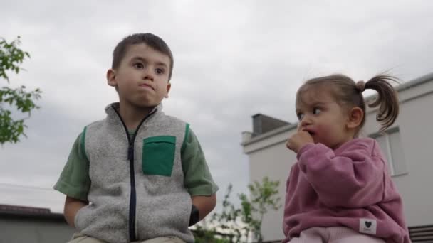 Zwei Kleine Kinder Sitzen Garten Und Essen Kirschen Erntezeit Spaß — Stockvideo