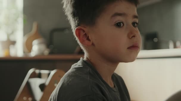 Портрет Мальчика Говорящего Улыбающегося Наслаждающегося Жизнью Сидящего Столом Дома Очаровательное — стоковое видео