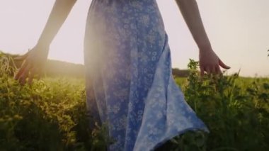 Uzun otların arasında yürüyen ve elini çimenlere değdirerek kaygısızca sağlıklı bir hayat süren bir kadının arkası.