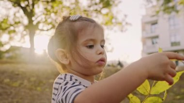 Küçük kız, sonbahar parkında oynarken elinde tuttuğu sarı yaprağa bakıyor. Sonbaharda küçük mutlu bir kızın duyguları.