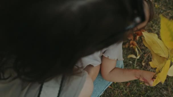Bayi Perempuan Memegang Daun Kuning Berbaring Ibu Nya Lutut Bersantai — Stok Video