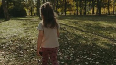 Küçük bir kızın yaz parkında doğayı keşfetmesi, yürümesi. Mutlu çocuk yaz günü dışarıda oynuyor..