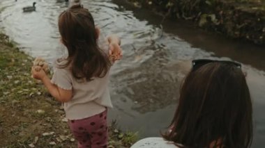 Anne ve küçük kızı parktaki ördekleri besliyor. Renkli sonbahar manzarası.