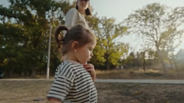 Sunny Park Yürümeye Yeni Başlayan Bir Çocukla Mutlu Bir Anne — Stok video
