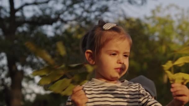 Urocze Małe Dziecko Luźnych Ubraniach Bawiące Się Parku Jesiennymi Liśćmi — Wideo stockowe