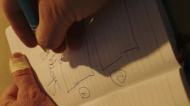 Adamın ellerinin not defterine bir şey yazdığına dair yakın çekim görüntüsü. Planlama. Yaratıcılık, sanat ve eğitim kavramı