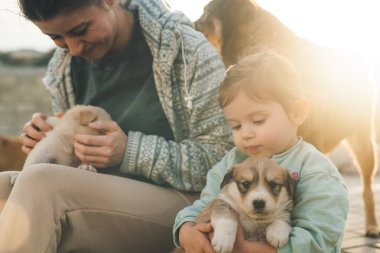 Bir kadın ve kızı kucağında küçük köpeklerle sarılıyorlar. Aile zamanı, hayvanlarla dostluk.