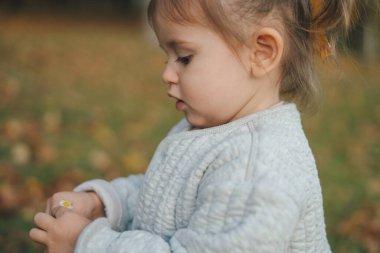 Sonbahar parkında dikilirken elinde tuttuğu papatya balığına hayran olan küçük bir kızın yan görünümü.