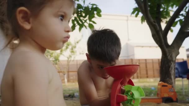 Children Playing Sand Box Little Boy Girl Playing Using Plastic — Stock Video
