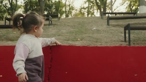 Pandangan Samping Seorang Gadis Kecil Meletakkan Tangannya Dinding Merah Taman — Stok Video