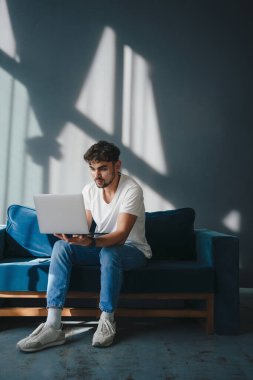 Oturma odasındaki kanepede otururken dizüstü bilgisayarda çalışan yakışıklı beyaz adam. Evden çalışan serbest çalışan biri..