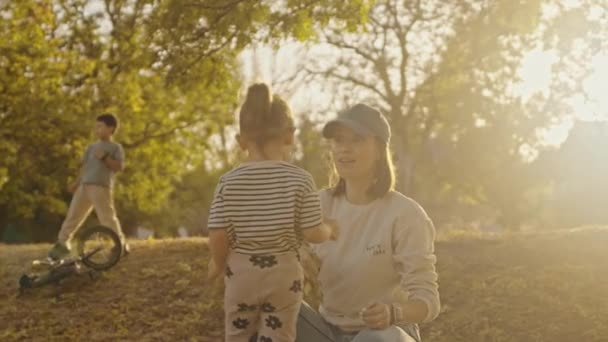Jovem Mãe Com Dois Filhos Brincando Parque Verão Bela Mãe — Vídeo de Stock